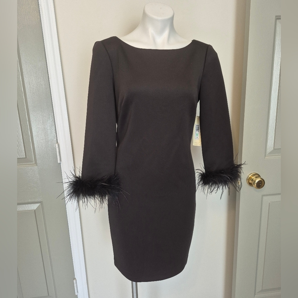 Eliza J Black Long Sleeve Feather Trim Cuff V-Back Mini Cocktail Dress(8)NWT
